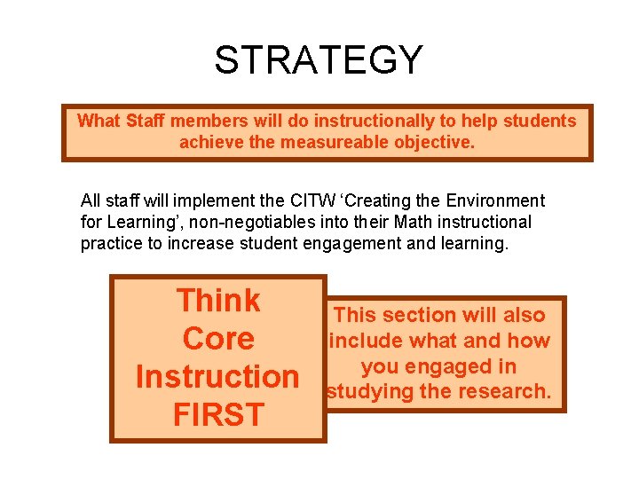 STRATEGY What Staff members will do instructionally to help students achieve the measureable objective.