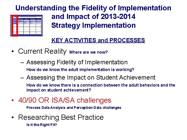 Understanding the Fidelity of Implementation and Impact of 2013 -2014 Strategy Implementation KEY ACTIVITIES