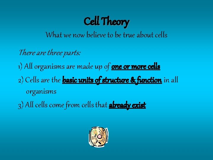 Cell Theory What we now believe to be true about cells There are three