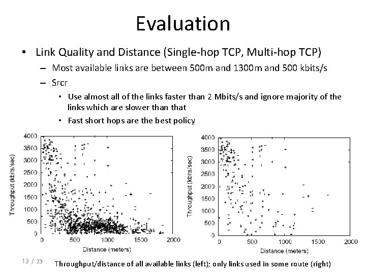 Evaluation • Link Quality and Distance (Single-hop TCP, Multi-hop TCP) – Most available links