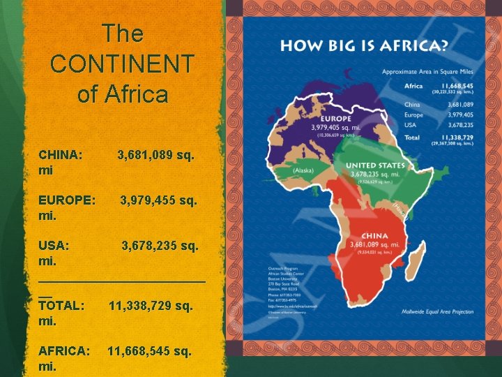 The CONTINENT of Africa CHINA: mi 3, 681, 089 sq. EUROPE: mi. 3, 979,