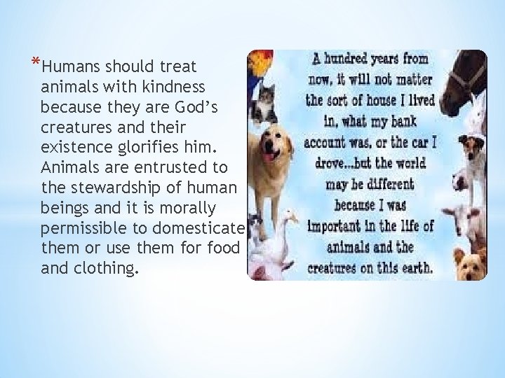 *Humans should treat animals with kindness because they are God’s creatures and their existence