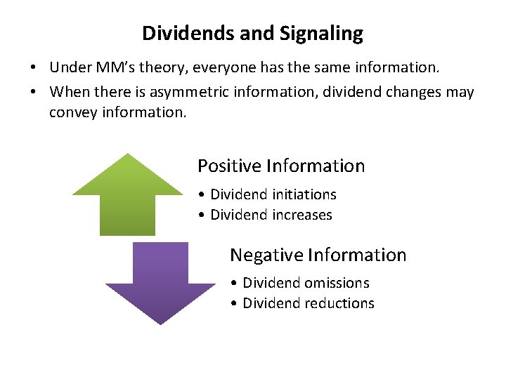 Dividends and Signaling • Under MM’s theory, everyone has the same information. • When