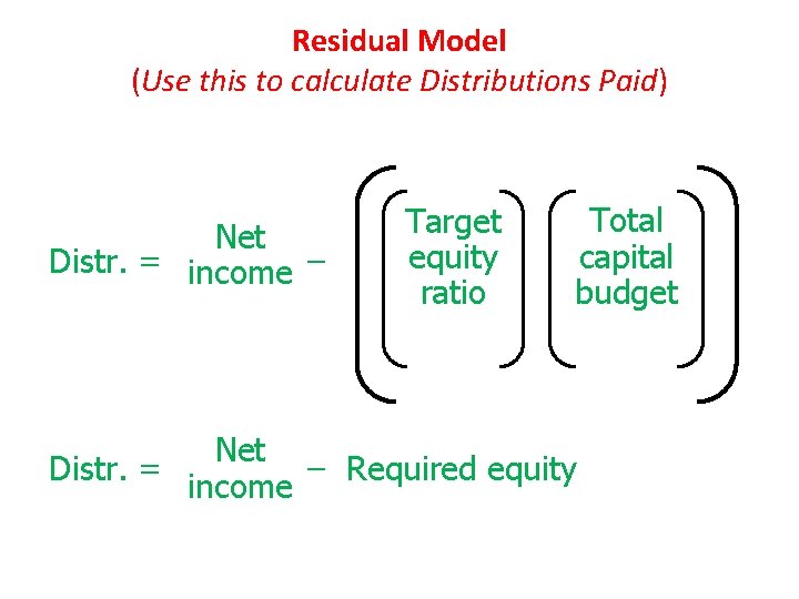 Residual Model (Use this to calculate Distributions Paid) Net Distr. = income – Target