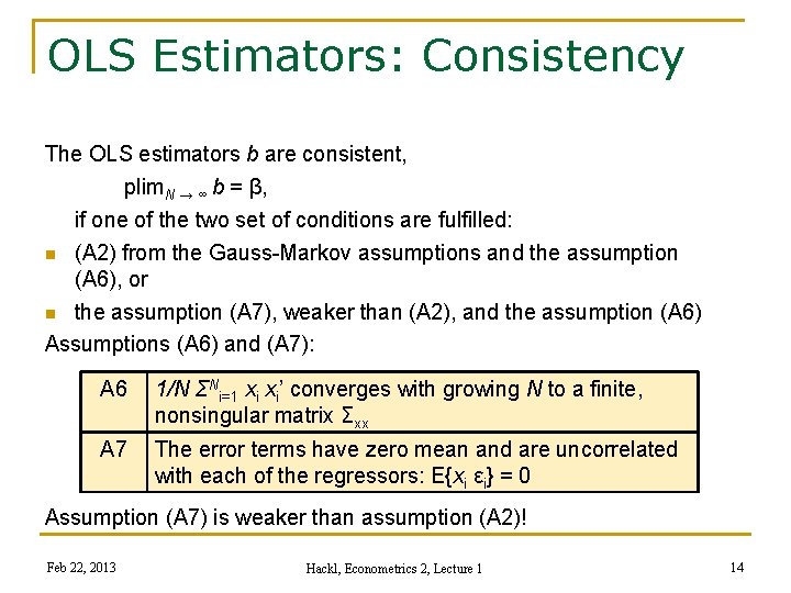 OLS Estimators: Consistency The OLS estimators b are consistent, plim. N → ∞ b
