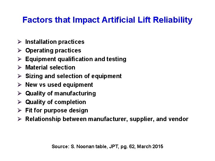 Factors that Impact Artificial Lift Reliability Ø Ø Ø Ø Ø Installation practices Operating