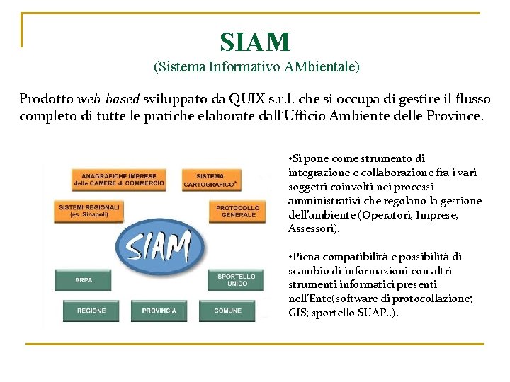 SIAM (Sistema Informativo AMbientale) Prodotto web-based sviluppato da QUIX s. r. l. che si