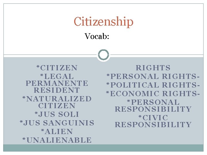 Citizenship Vocab: *CITIZ EN *LE GAL PERMAN ENTE RESIDE NT *N ATURALIZED CITIZ EN