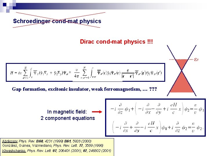 Schroedinger cond-mat physics Dirac cond-mat physics !!! Gap formation, excitonic insulator, weak ferromagnetism, …