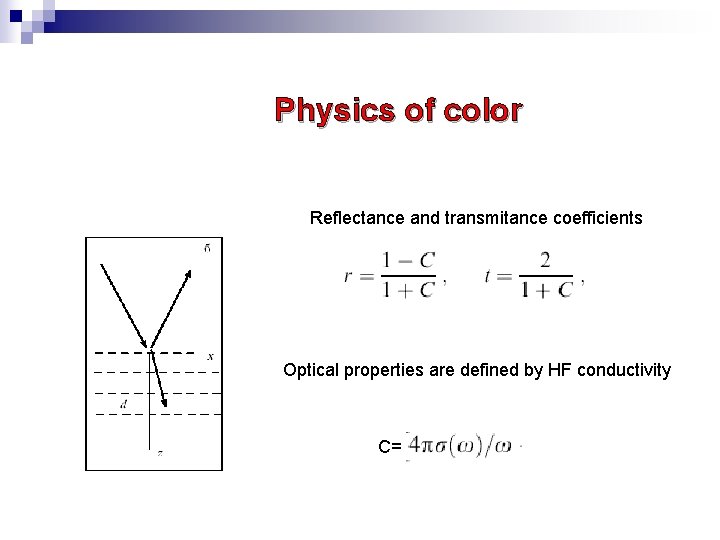 Physics of color Reflectance and transmitance coefficients Optical properties are defined by HF conductivity