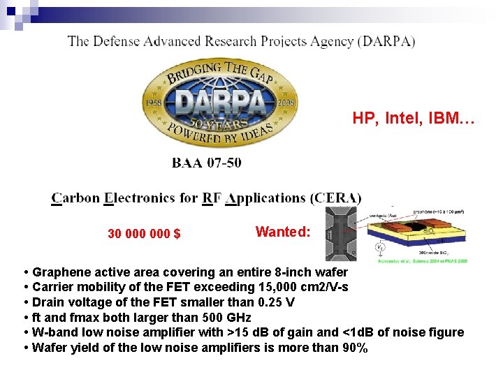 HP, Intel, IBM… 30 000 $ Wanted: • Graphene active area covering an entire