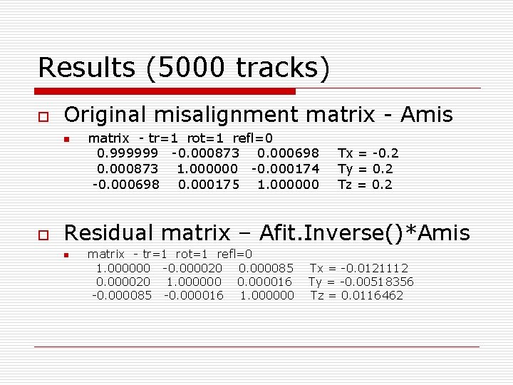 Results (5000 tracks) o Original misalignment matrix - Amis n o matrix - tr=1