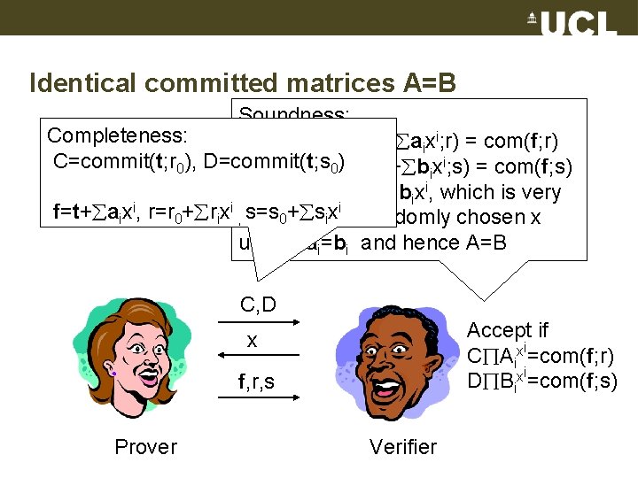 Identical committed matrices A=B Soundness: A 1=commit(a 1; r 1) C Aixi = com(t+