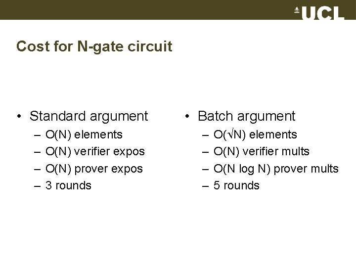 Cost for N-gate circuit • Standard argument – – O(N) elements O(N) verifier expos