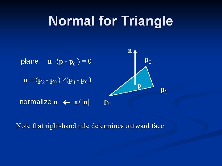 Normal for Triangle n plane p 2 n ·(p - p 0 ) =