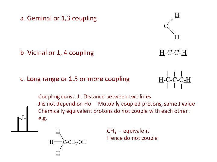 a. Geminal or 1, 3 coupling b. Vicinal or 1, 4 coupling H-C-C-H c.