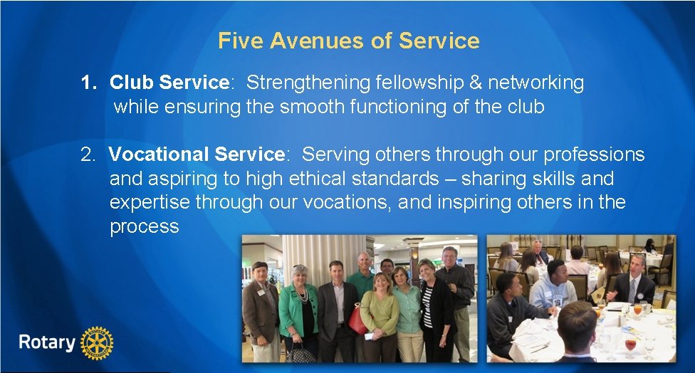 Five Avenues of Service 1. Club Service: Strengthening fellowship & networking while ensuring the