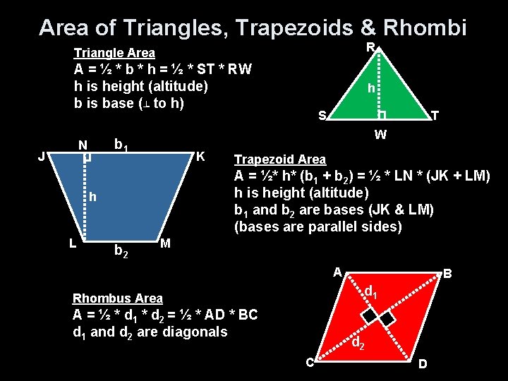 Area of Triangles, Trapezoids & Rhombi Triangle Area R A = ½ * b