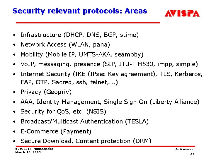 Security relevant protocols: Areas • Infrastructure (DHCP, DNS, BGP, stime) • Network Access (WLAN,