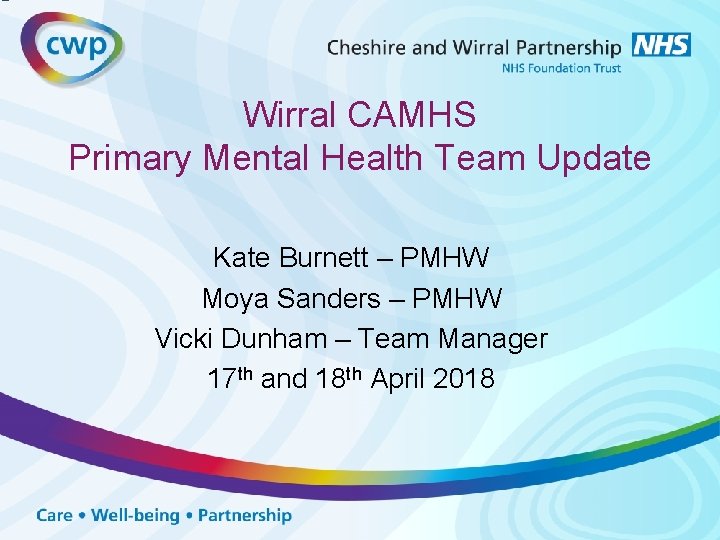 Wirral CAMHS Primary Mental Health Team Update Kate Burnett – PMHW Moya Sanders – Wirral CAMHS Primary Mental Health Team Update Kate Burnett – PMHW Moya Sanders –