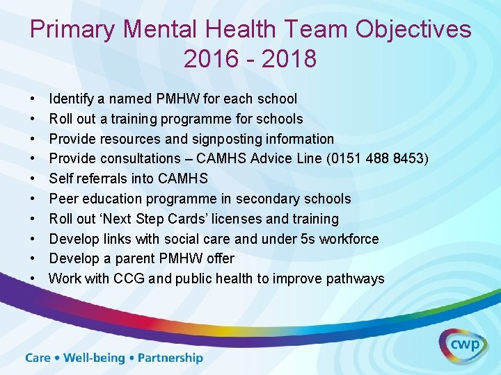 Primary Mental Health Team Objectives 2016 - 2018 • • • Identify a named Primary Mental Health Team Objectives 2016 - 2018 • • • Identify a named