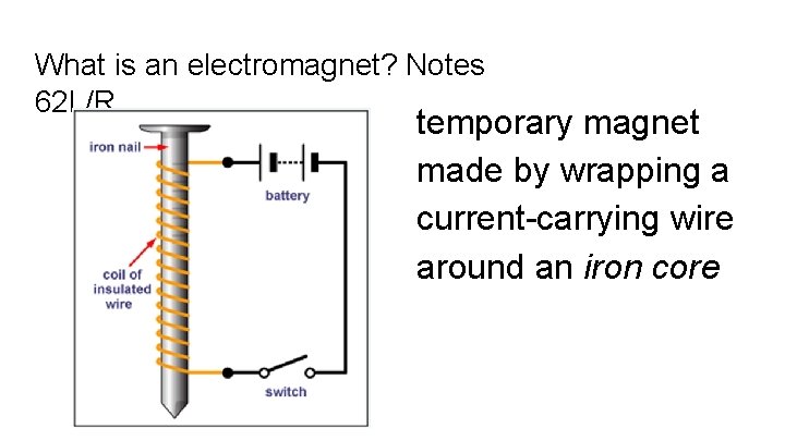 What is an electromagnet? Notes 62 L/R temporary magnet made by wrapping a current-carrying