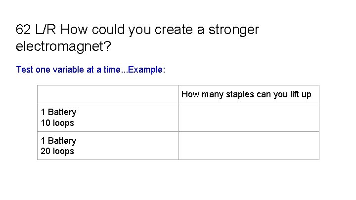 62 L/R How could you create a stronger electromagnet? Test one variable at a