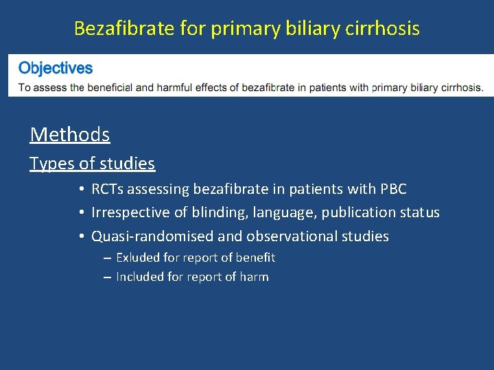 Bezafibrate for primary biliary cirrhosis Methods Types of studies • RCTs assessing bezafibrate in