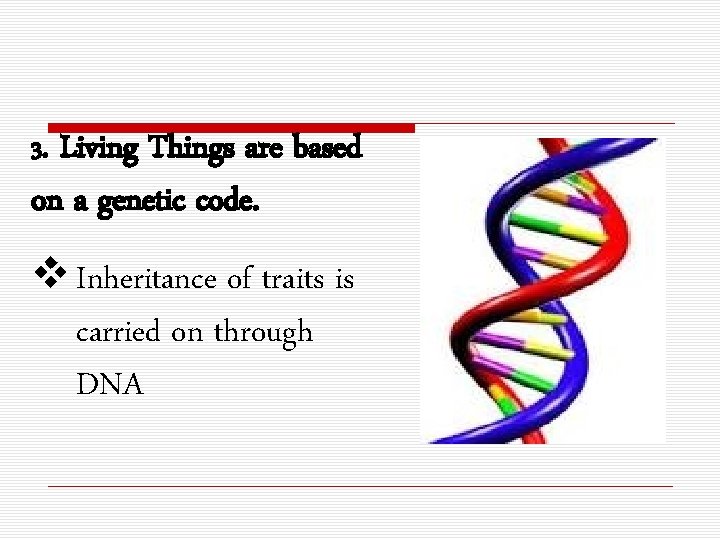 3. Living Things are based on a genetic code. v Inheritance of traits is