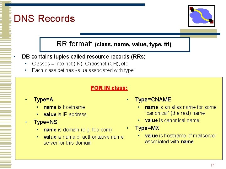 DNS Records RR format: (class, name, value, type, ttl) • DB contains tuples called DNS Records RR format: (class, name, value, type, ttl) • DB contains tuples called