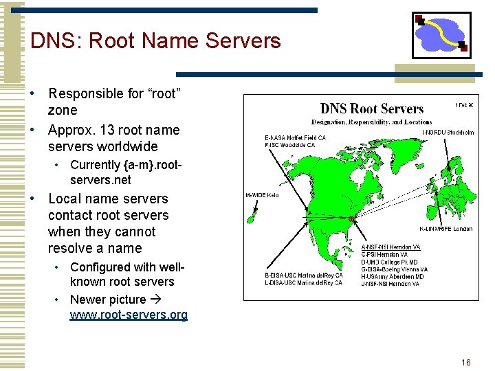 DNS: Root Name Servers • Responsible for “root” zone • Approx. 13 root name DNS: Root Name Servers • Responsible for “root” zone • Approx. 13 root name