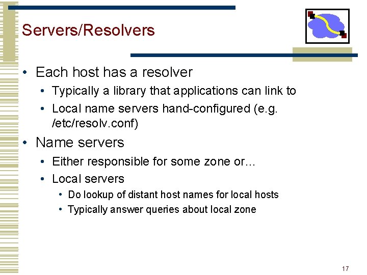Servers/Resolvers • Each host has a resolver • Typically a library that applications can Servers/Resolvers • Each host has a resolver • Typically a library that applications can
