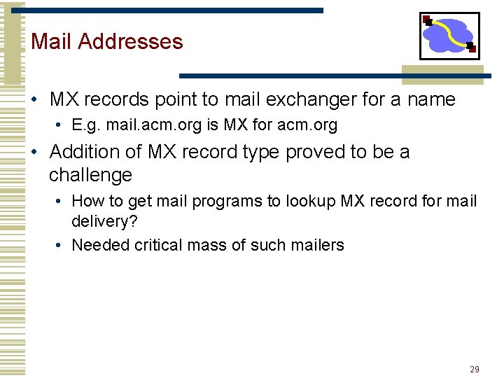 Mail Addresses • MX records point to mail exchanger for a name • E. Mail Addresses • MX records point to mail exchanger for a name • E.