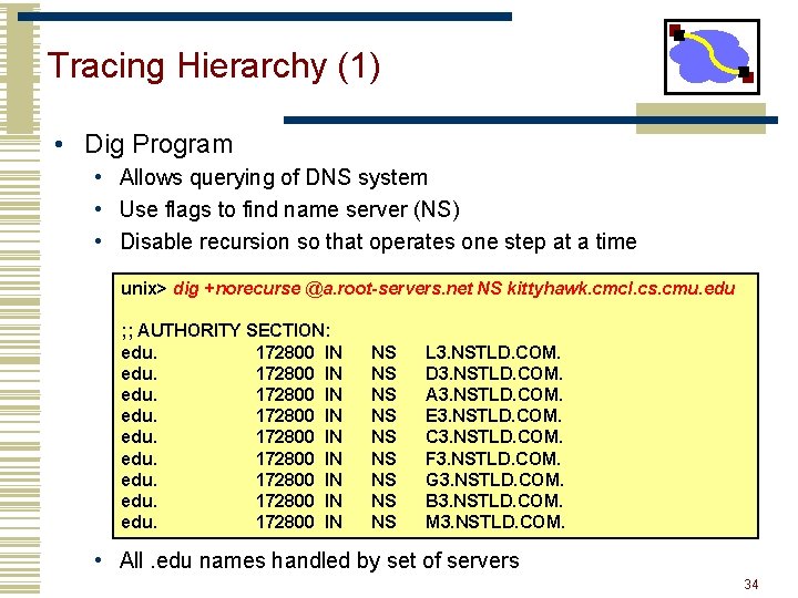 Tracing Hierarchy (1) • Dig Program • Allows querying of DNS system • Use Tracing Hierarchy (1) • Dig Program • Allows querying of DNS system • Use