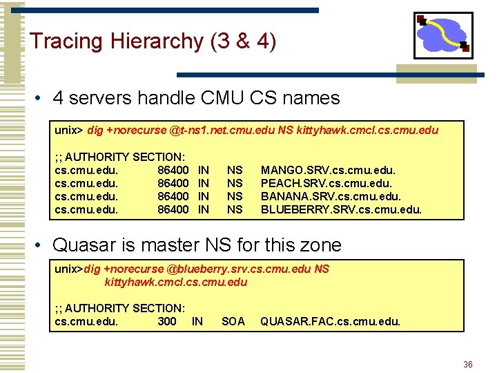 Tracing Hierarchy (3 & 4) • 4 servers handle CMU CS names unix> dig Tracing Hierarchy (3 & 4) • 4 servers handle CMU CS names unix> dig