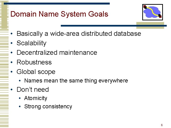 Domain Name System Goals • • • Basically a wide-area distributed database Scalability Decentralized Domain Name System Goals • • • Basically a wide-area distributed database Scalability Decentralized