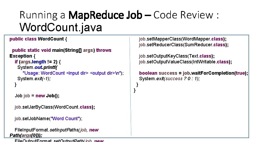 Running a Map. Reduce Job – Code Review : Word. Count. java public class