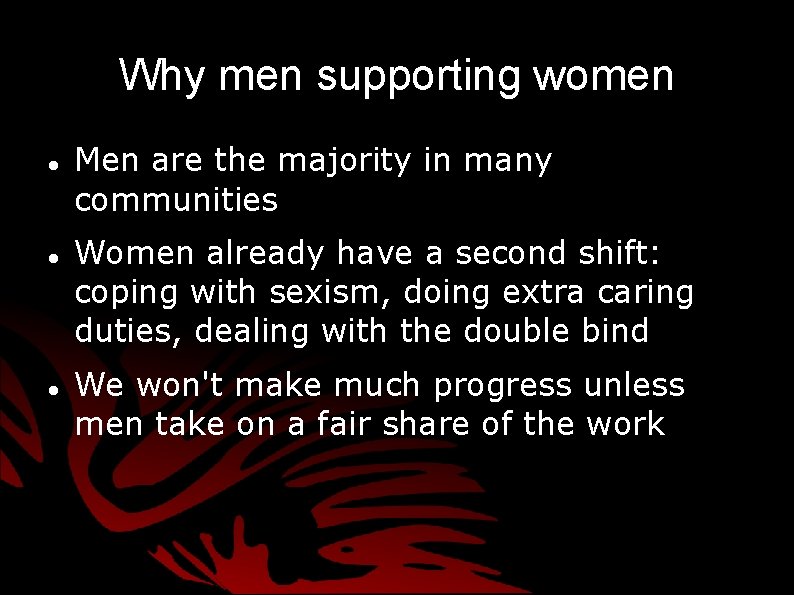 Why men supporting women Men are the majority in many communities Women already have Why men supporting women Men are the majority in many communities Women already have