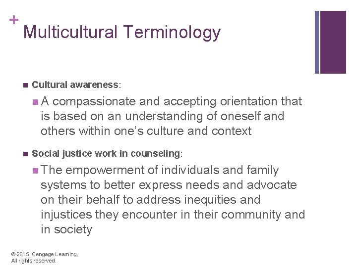 + Multicultural Terminology n Cultural awareness: n. A compassionate and accepting orientation that is