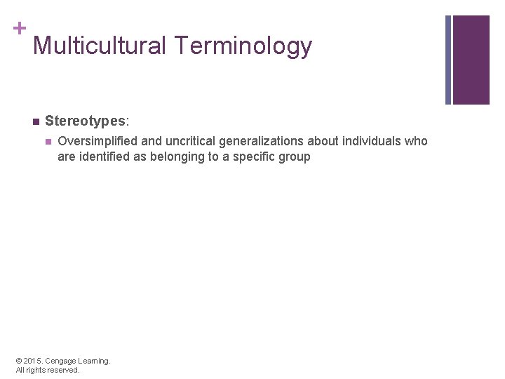 + Multicultural Terminology n Stereotypes: n Oversimplified and uncritical generalizations about individuals who are