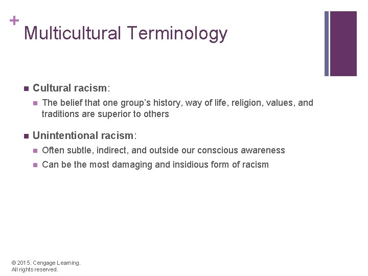 + Multicultural Terminology n Cultural racism: n n The belief that one group’s history,