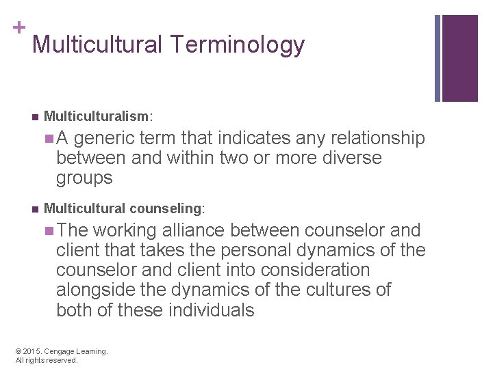 + Multicultural Terminology n Multiculturalism: n. A generic term that indicates any relationship between