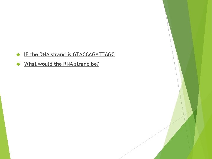  IF the DNA strand is GTACCAGATTAGC What would the RNA strand be? 