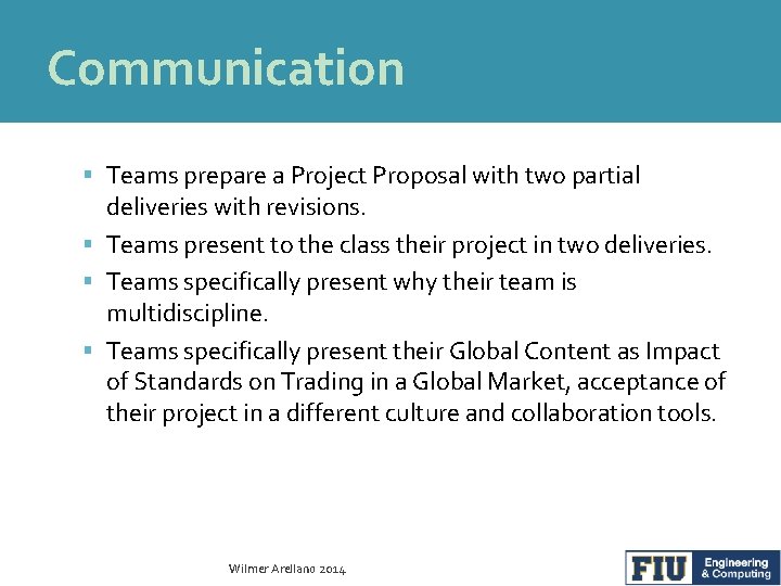 Communication Teams prepare a Project Proposal with two partial deliveries with revisions. Teams present