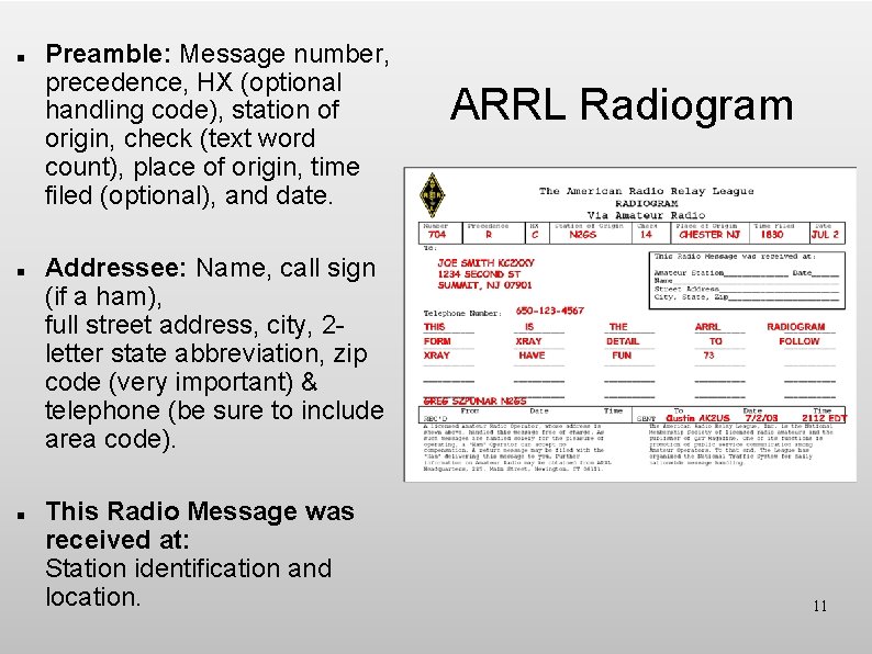 n n n Preamble: Message number, precedence, HX (optional handling code), station of origin,