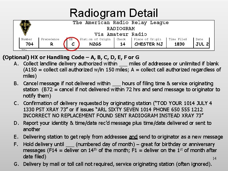 Radiogram Detail 704 R C N 2 GS 14 CHESTER NJ 1830 JUL 2