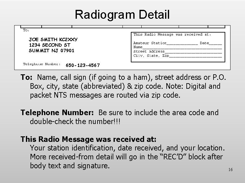 Radiogram Detail JOE SMITH KC 2 XXY 1234 SECOND ST SUMMIT NJ 07901 650