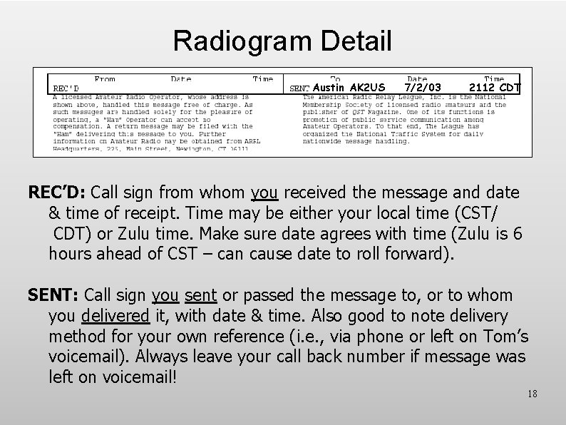 Radiogram Detail Austin AK 2 US 7/2/03 2112 CDT REC’D: Call sign from whom