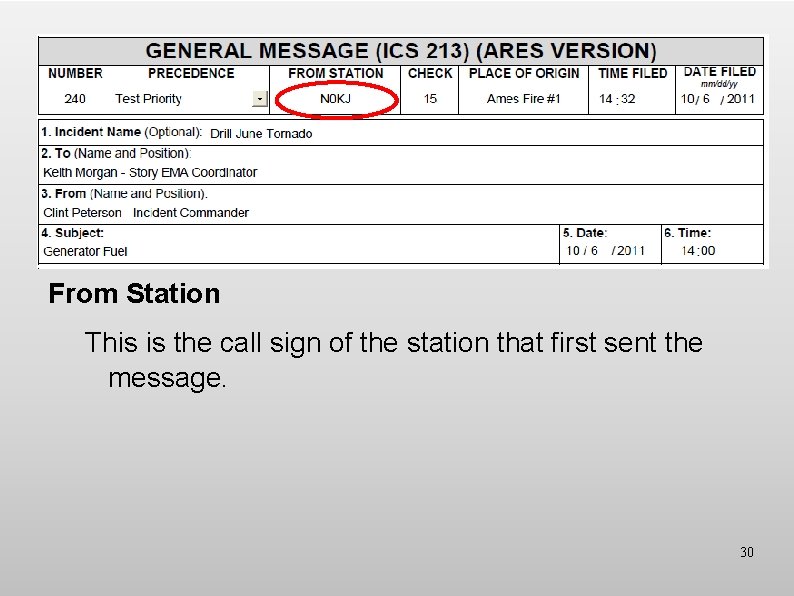 From Station This is the call sign of the station that first sent the