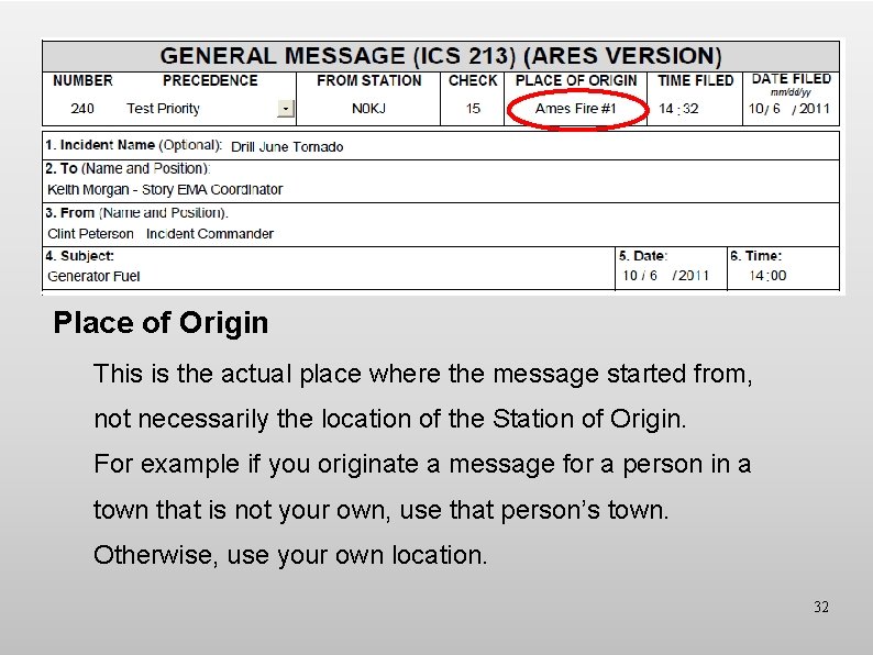Place of Origin This is the actual place where the message started from, not